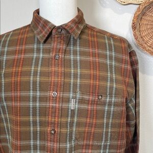 Mens Woolrich Cotton Outdoors Striped Button Up Brown Blue Orange Size X-Large
